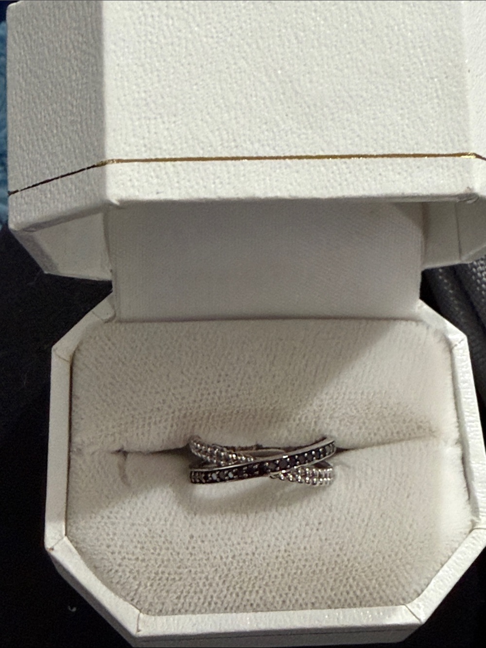Sterling Silver Cross-Over Ring with Black diamonds
